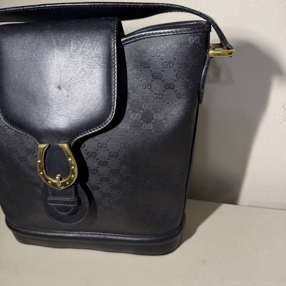 Vintage Gucci Horse Shoe Shoulder Bag Black Leather Canvas Monogram Authentic - Picture 3 of 16
